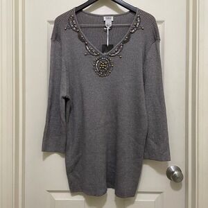 Monroe‎ & Main Embellished Beaded V Neck Sweater Knit Top Silver Metallic 3X NWT